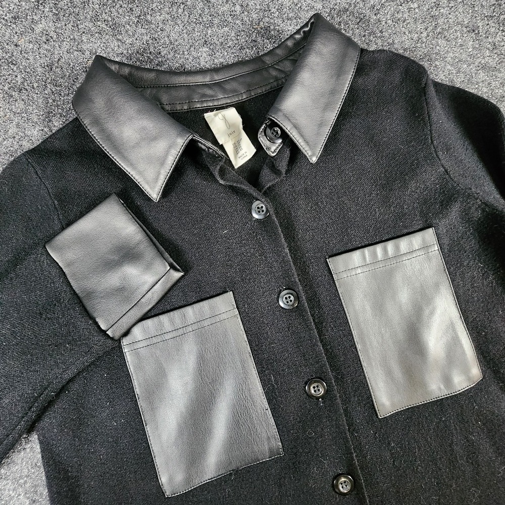 Joie Women's‎ XS Shacket Black Faux Leather Pockets & Collar Button Up Shirt